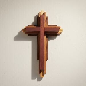 Wooden Wall Cross 3D Layered Walnut Oak Maple Cherry Pine 9 Inch Handcrafted